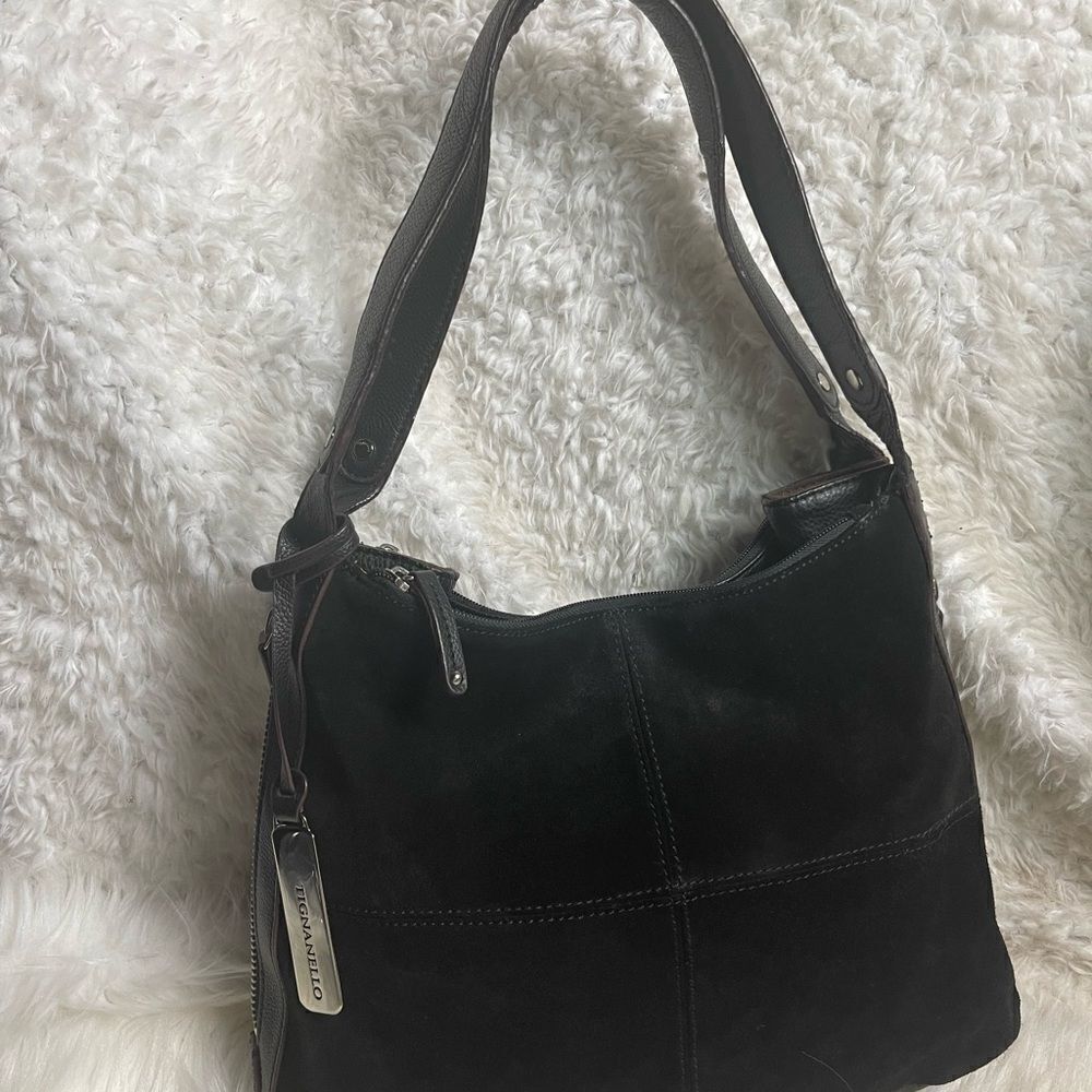 Tignanello leather suede black shoulder bag extended brown suede side zipper.